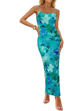 Women’s Pine Green Floral Bodycon Maxi Square Neck Boho Beach Summer Long Dress